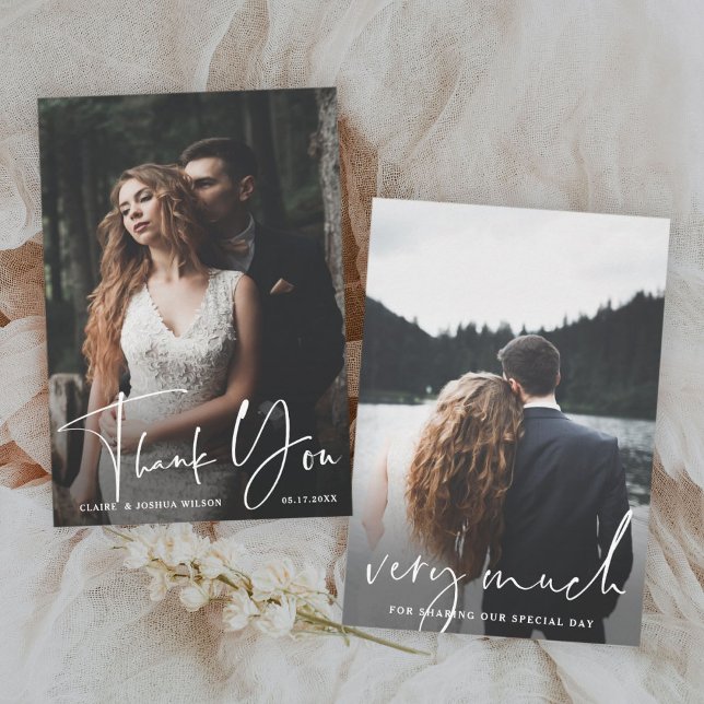 Minimalist Chic Script 2 Photo Wedding  Thank You Card (Creator Uploaded)