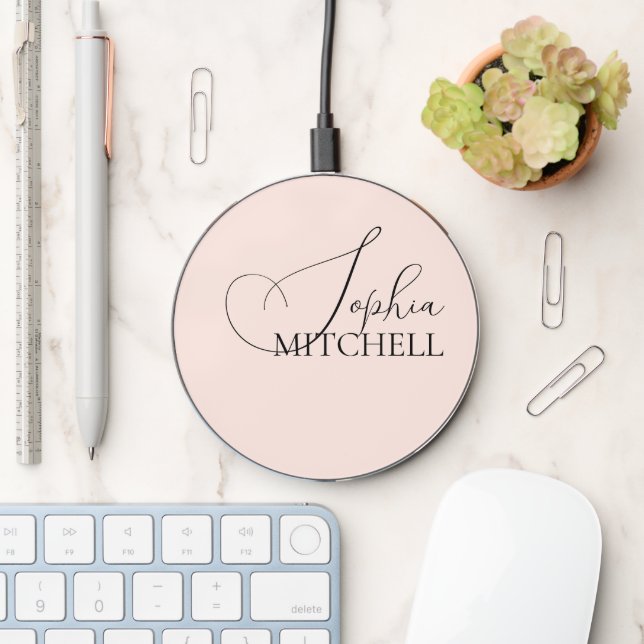 Minimalist Chic Script Blush Pink Wireless Charger (Desk)