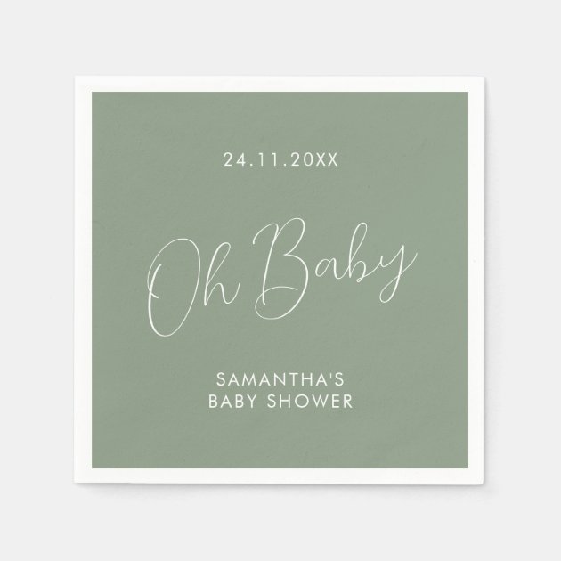 Minimalist Chic Script Sage Green Oh Baby Shower Napkins