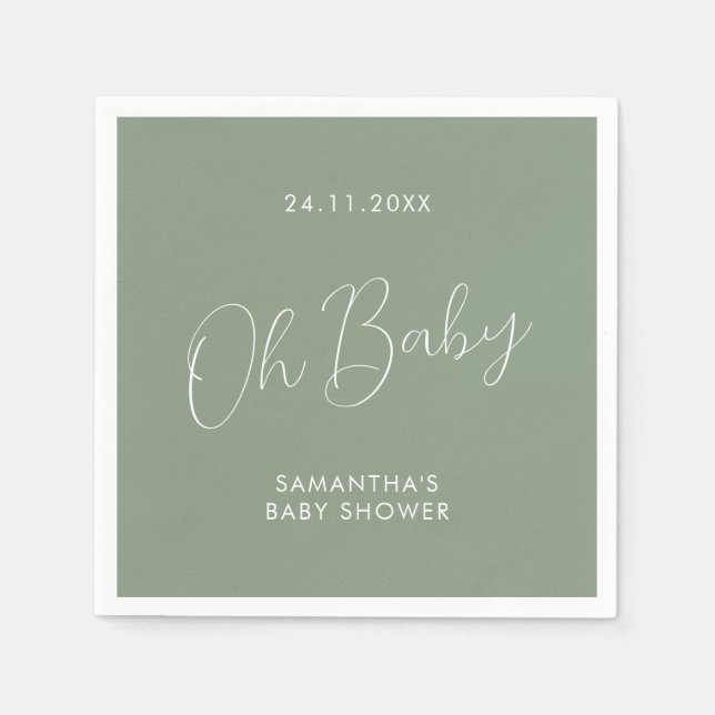 Minimalist Chic Script Sage Green Oh Baby Shower Napkins (Front)