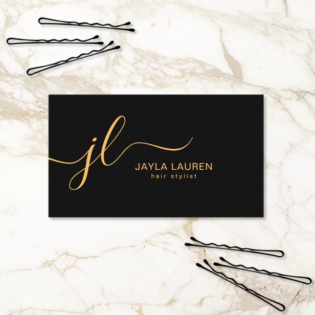Minimalist Chic Stylish Script Monogram Black Gold Business Card (Creator Uploaded)
