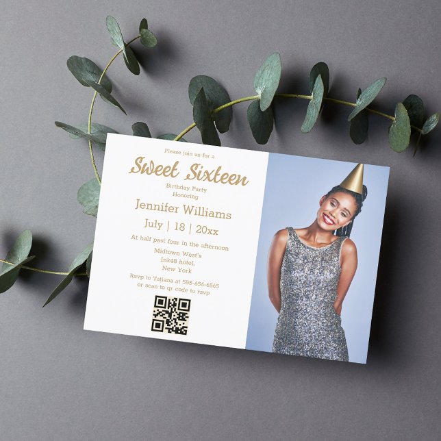 minimalist chic sweet sixteen qr code photo gold invitation (Creator Uploaded)