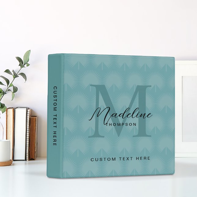 Minimalist Chic Teal Anahaw Leaf Script Monogram 3 Ring Binder (Creator Uploaded)