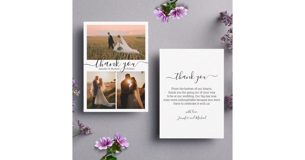 minimalist chic thank you 3 photos collage wedding note card | Zazzle