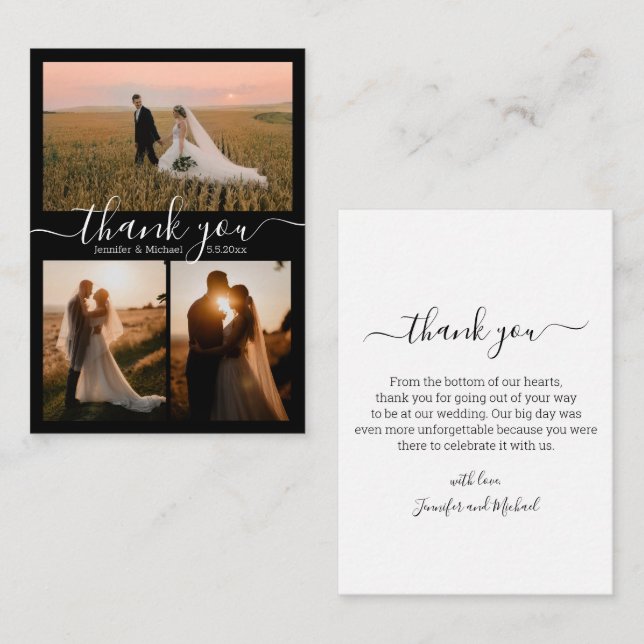 minimalist chic thank you 3 photos wedding black note card (Front/Back)