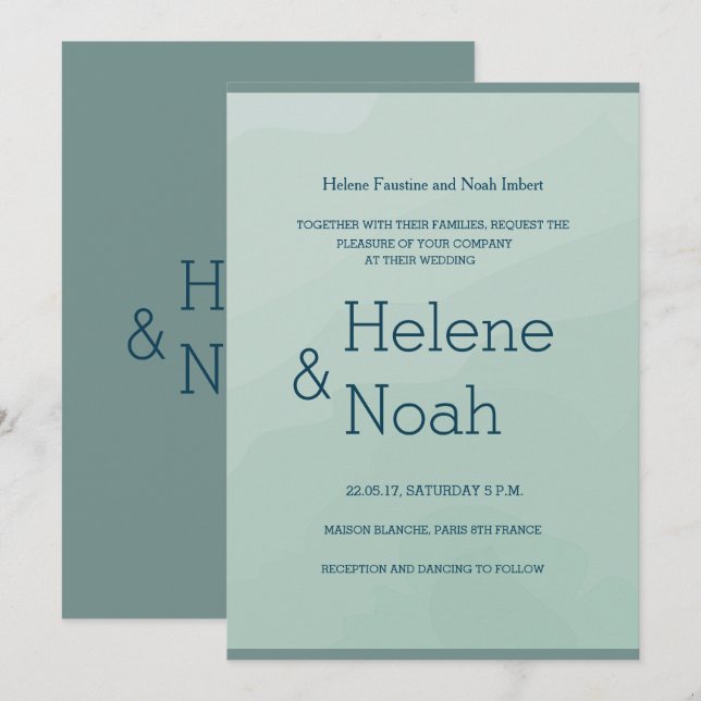 Minimalist chic turquoise blue watercolor wedding invitation (Front/Back)