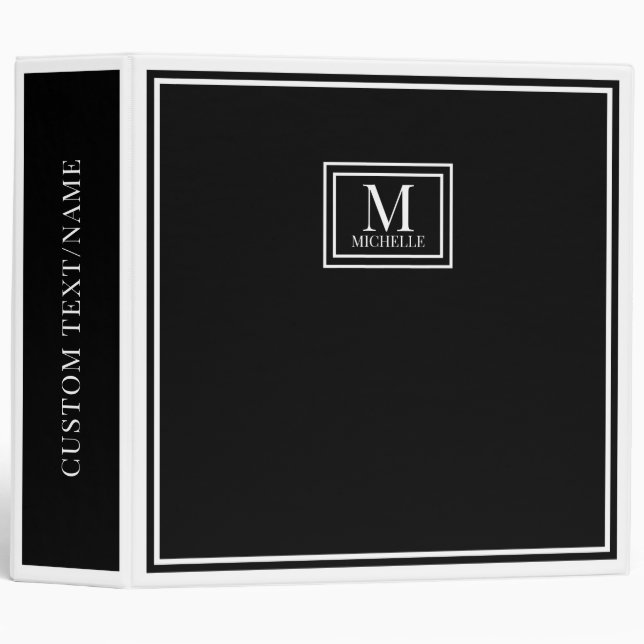 Minimalist Chic Two Boarder Monogram Name Black  3 Ring Binder (Front/Spine)
