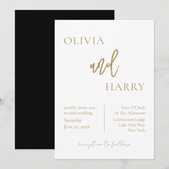 Minimalist Chic Wedding Invitation Gold Black (Front/Back)