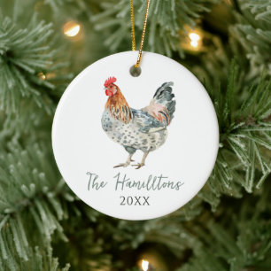 Minimalist Chicken Custom Family Name Christmas Ceramic Ornament