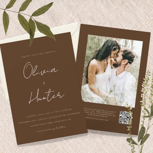 Minimalist Chocolate QR Code Photo Wedding Invitation