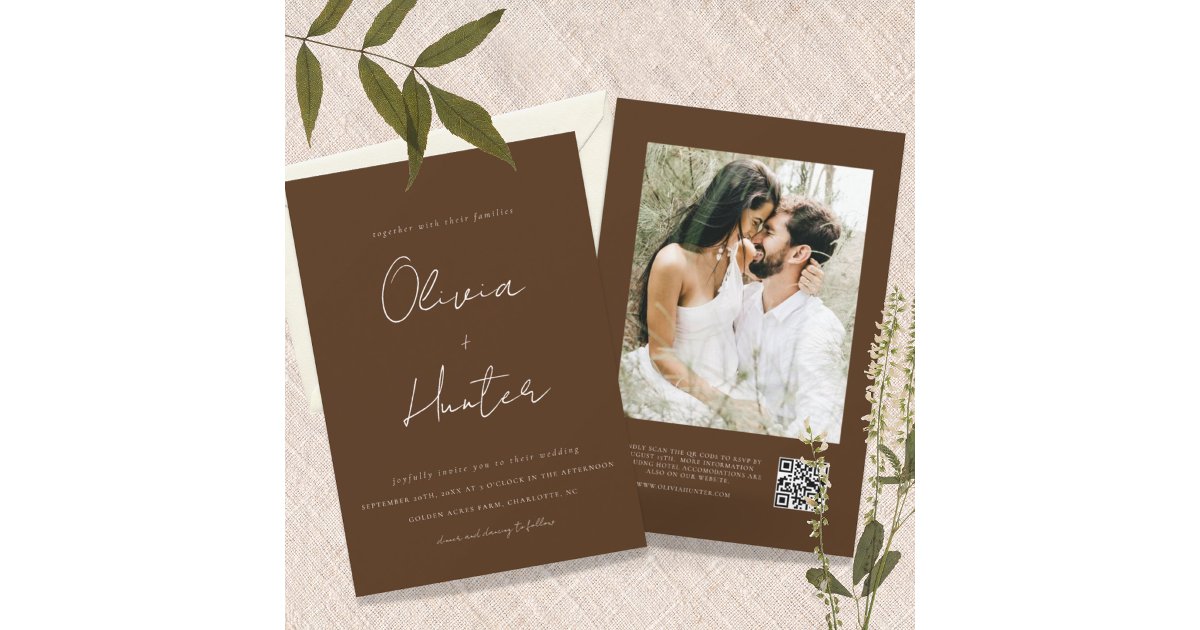 Minimalist Chocolate QR Code Photo Wedding Invitation | Zazzle