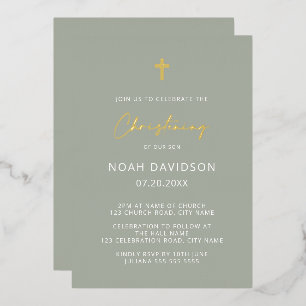 Minimalist Christening Grey Green & Gold   Foil Invitation