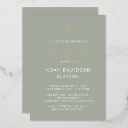 Minimalist Christening Grey Green  Gold   Foil Invitation