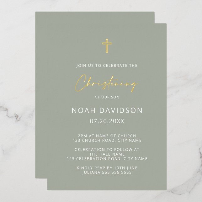 Minimalist Christening Grey Green & Gold   Foil Invitation (Front/Back)