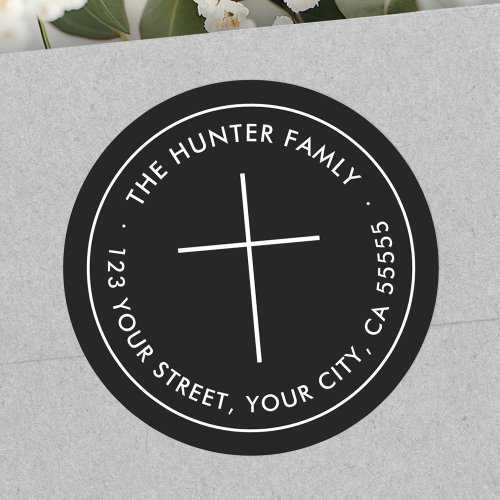 Minimalist Christian cross black return address Classic Round Sticker