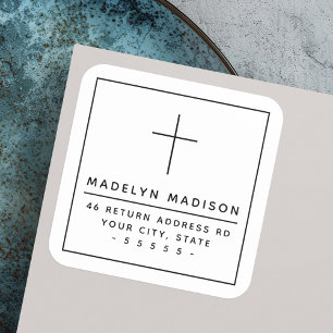 Minimalist Christian cross white return address Square Sticker