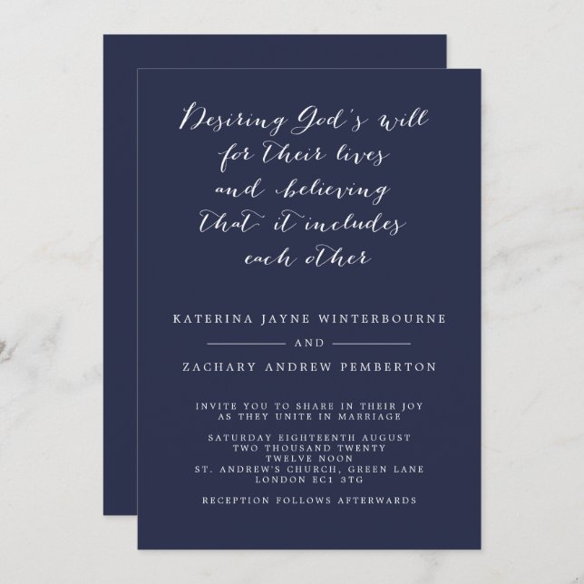 Minimalist Christian Navy and White Script Wedding Invitation (Front/Back)
