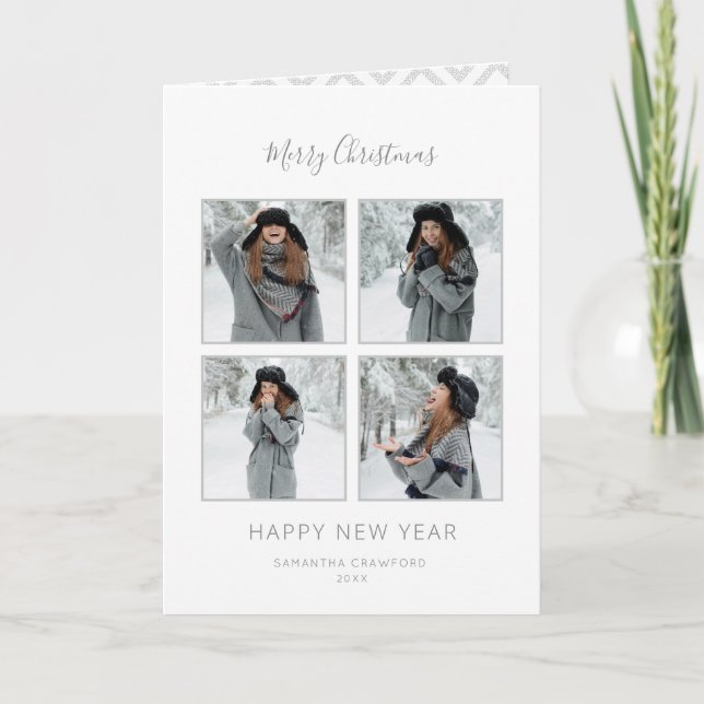 Minimalist Christmas 4-Photo Gray Chevron Card (Front)