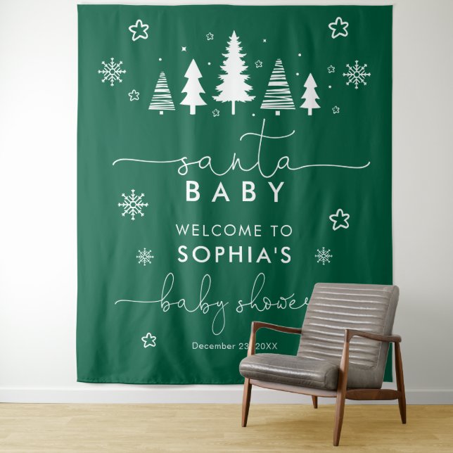 Minimalist Christmas Baby Shower Greenery Tapestry (In Situ)
