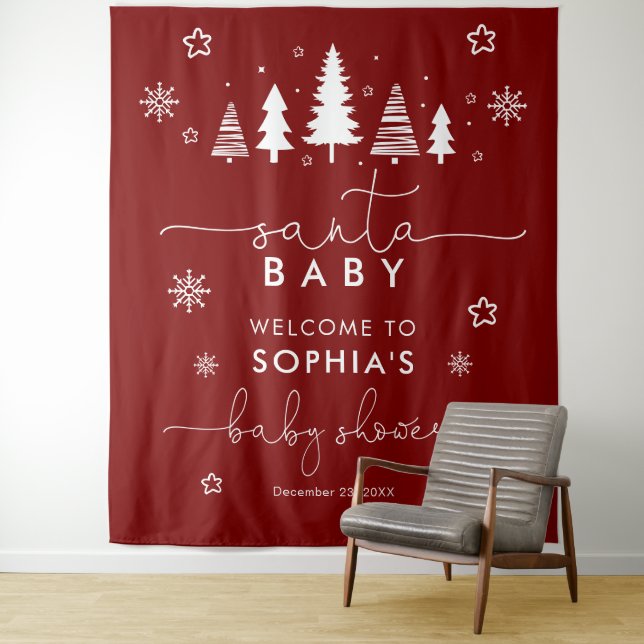 Minimalist Christmas Baby Shower Red Tapestry (In Situ)