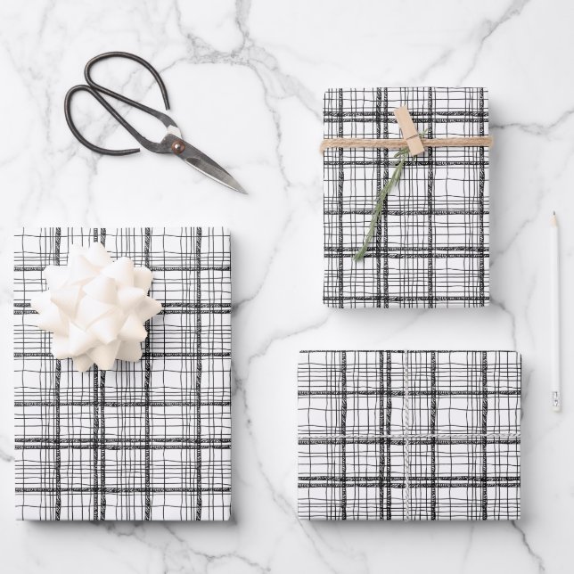 Minimalist Christmas Black & White Drawing Plaid Wrapping Paper Sheets (Front)
