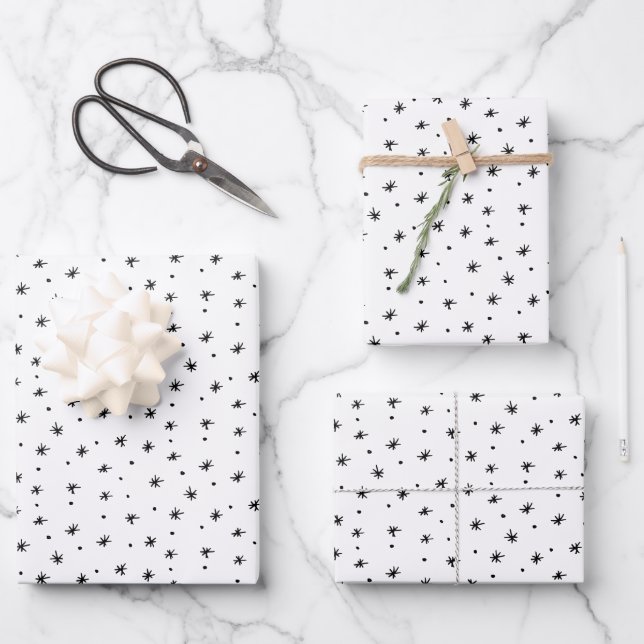 Minimalist Christmas Black & White Simple Stars Wrapping Paper Sheets (Front)