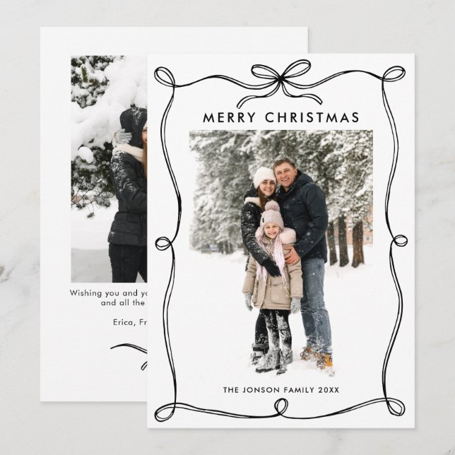 Minimalist Christmas Boho Black Bow Ribbon 2 Photo Holiday Card (Front/Back)