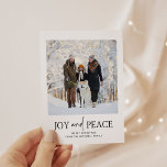 Minimalist Christmas | Budget Photo Holiday Card<br><div class="desc">This simple and elegant black and white holiday budget Christmas card features your personal photo on the front,  with a mix of modern handwritten script and bold serif text that says "Joy and Peace". There is room for an additional personal message on the back.</div>