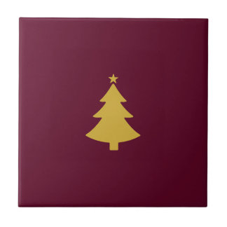 Minimalist Christmas Gold Tree, Burgundy Wine Ceramic Tile