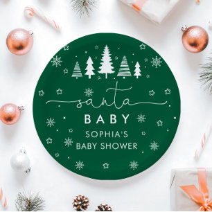 Minimalist Christmas Green Santa Baby Shower  Paper Plates