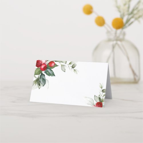 Minimalist Christmas Greenery  Red Berries Weddin Place Card