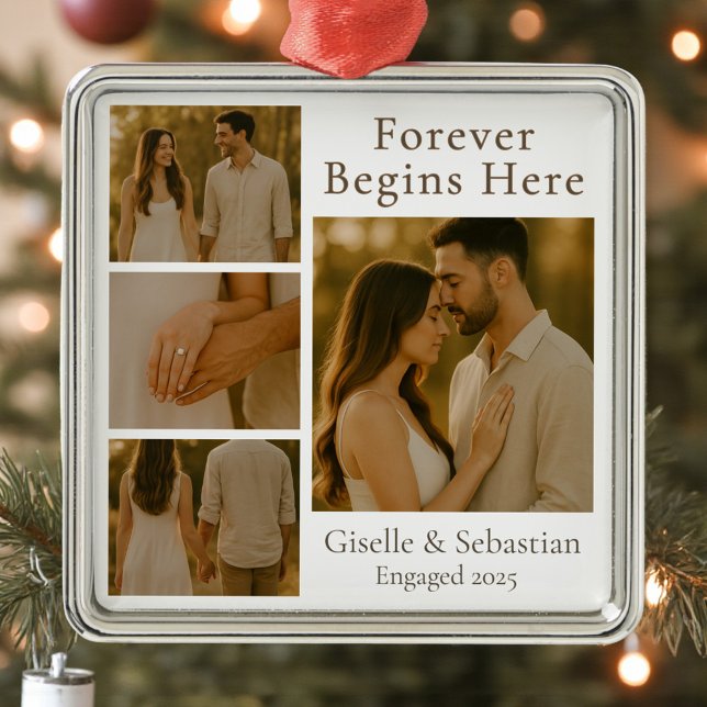 Minimalist Christmas Holiday 4 Photo Engagement Metal Ornament (Creator Uploaded)