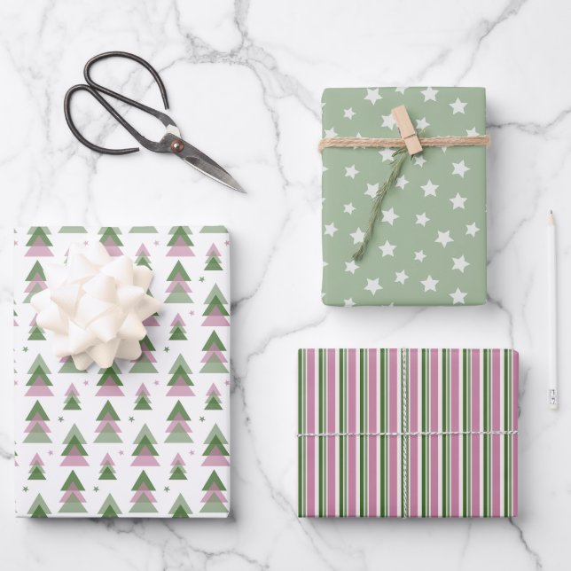 Minimalist Christmas in Pink & Green Wrapping Paper Sheets (Front)