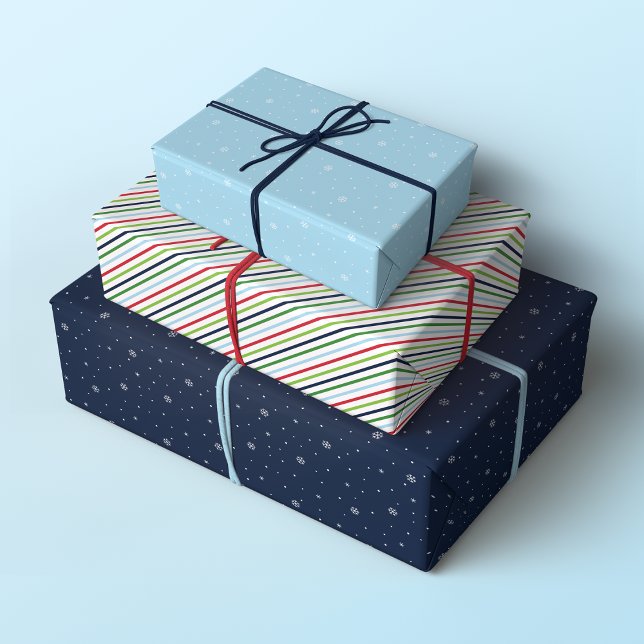 Minimalist Christmas Patterns, Red, Green and Blue Wrapping Paper Sheets (Set of 3 Minimalist Christmas with stripes and snowflakes in red, green and blue)