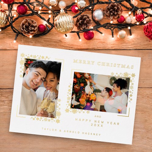 Minimalist Christmas Snowflakes 2 Photos Frame Foil Holiday Card