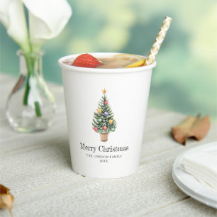 Minimalist Christmas Tree Family Name Year Paper Cups