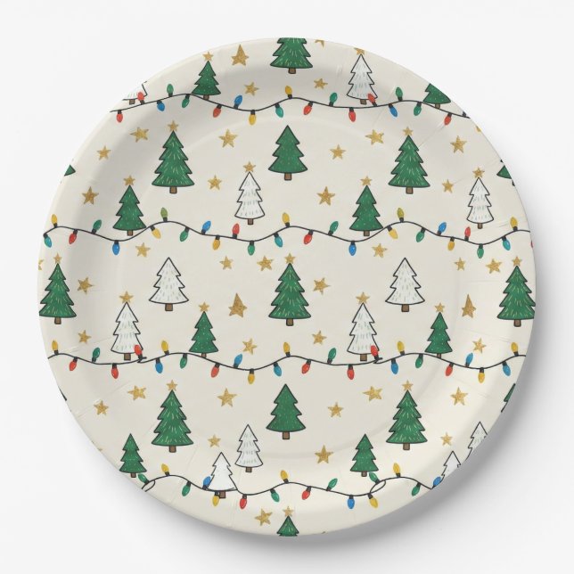 Minimalist Christmas Tree Lights Pattern Party Paper Plates (Front)