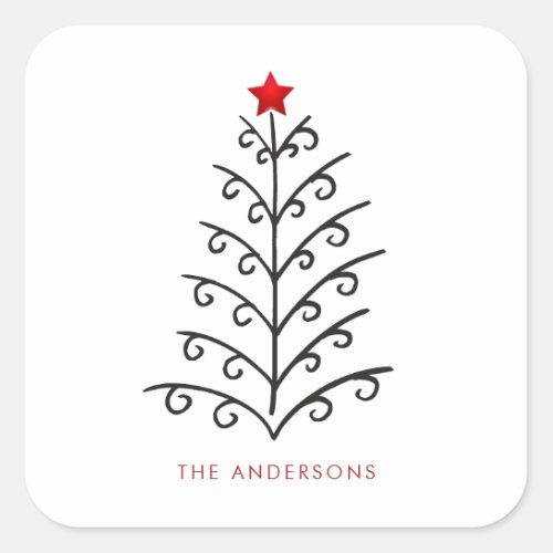 Minimalist Christmas Tree Line Art Square Sticker