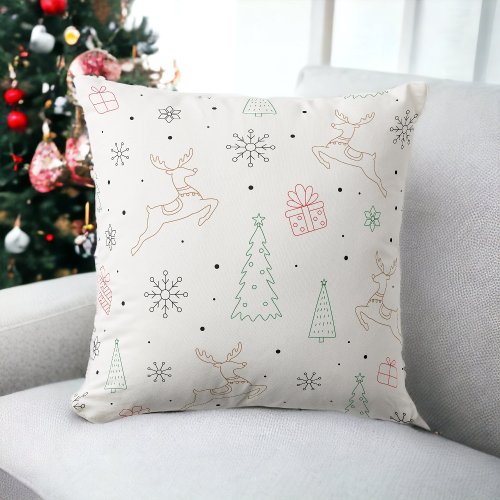 Minimalist Christmas Tree Reindeer Gift Line Art Throw Pillow