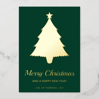 Minimalist Christmas Tree Shape With Text On Green Foil Holiday Card