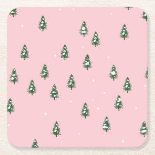 Minimalist Christmas Tree Winter Forest On Pink Square Paper Coaster