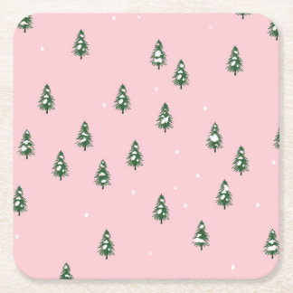 Minimalist Christmas Tree Winter Forest On Pink Square Paper Coaster