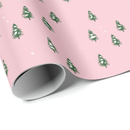 Minimalist Christmas Tree Winter Forest On Pink   Wrapping Paper