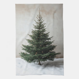 Minimalist Christmas Tree with Soft Lights on Snow Kitchen Towel