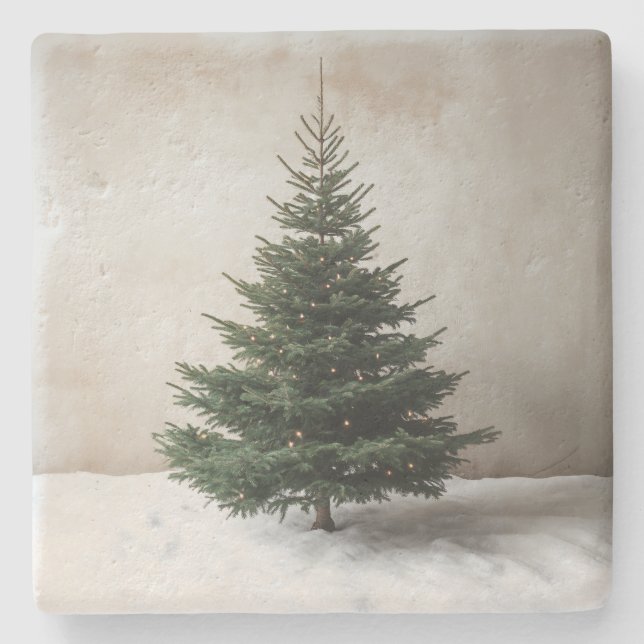Minimalist Christmas Tree with Soft Lights on Snow Stone Coaster (Front)