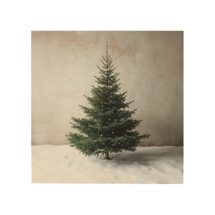 Minimalist Christmas Tree with Soft Lights on Snow Wood Wall Art