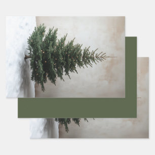 Minimalist Christmas Tree with Soft Lights on Snow Wrapping Paper Sheets