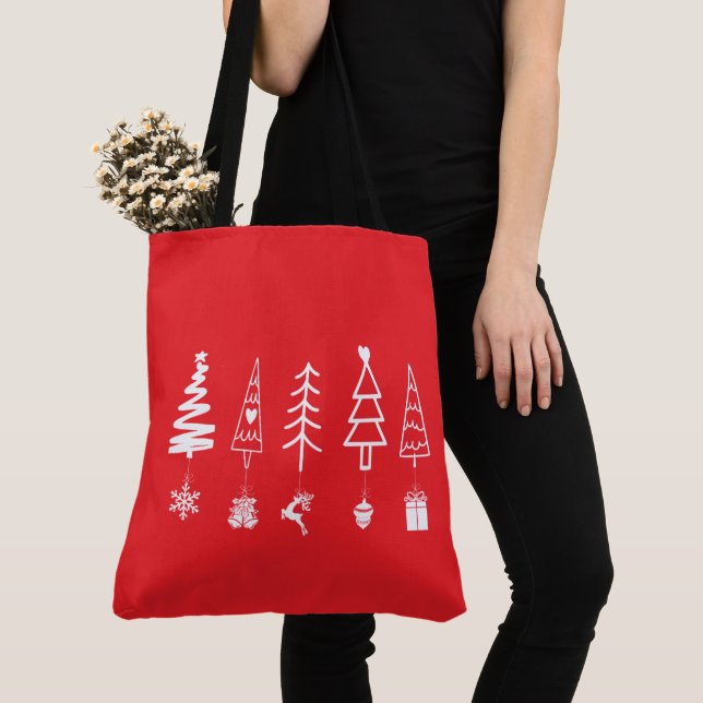 Minimalist Christmas Trees with Ornaments Tote Bag (Close Up)