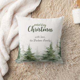 Minimalist Christmas Watercolor Evergreen Snow  Throw Pillow