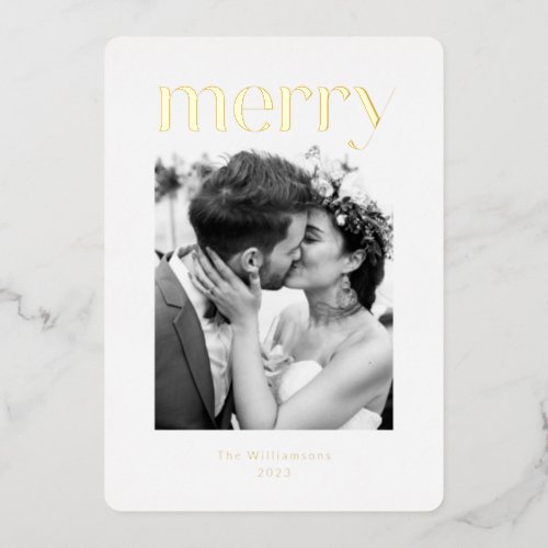 Minimalist Christmas Wedding Photo White Gold Foil Holiday Card